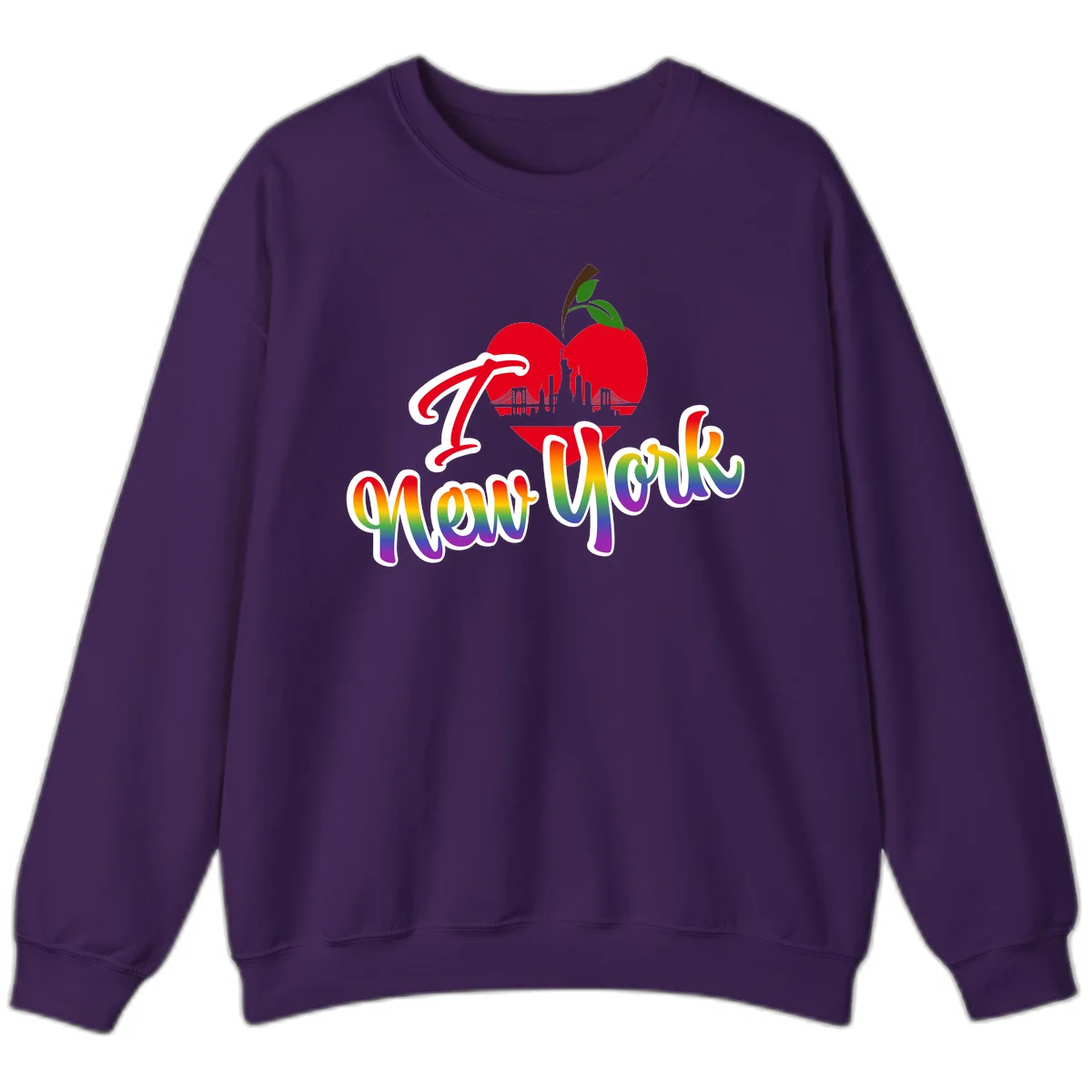 I Love New York Pride design featuring red apple with NYC skyline and rainbow gradient text celebrating LGBTQ+ pride in Purple