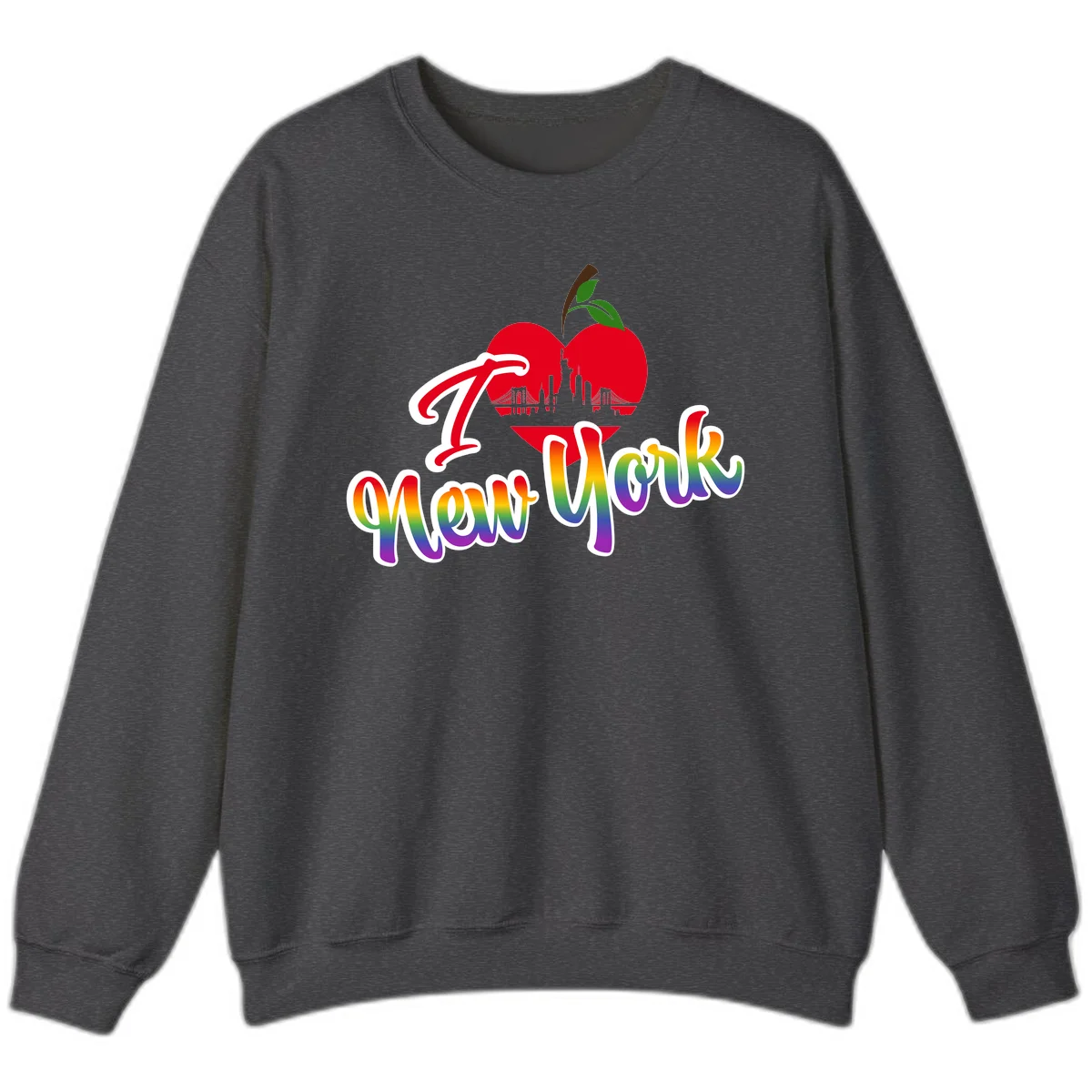 I Love New York Pride design featuring red apple with NYC skyline and rainbow gradient text celebrating LGBTQ+ pride in Dark Heather