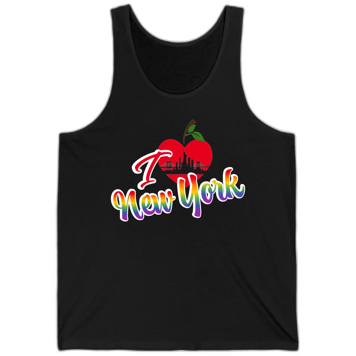 I Love New York Pride design featuring red apple with NYC skyline and rainbow gradient text celebrating LGBTQ+ pride in Black