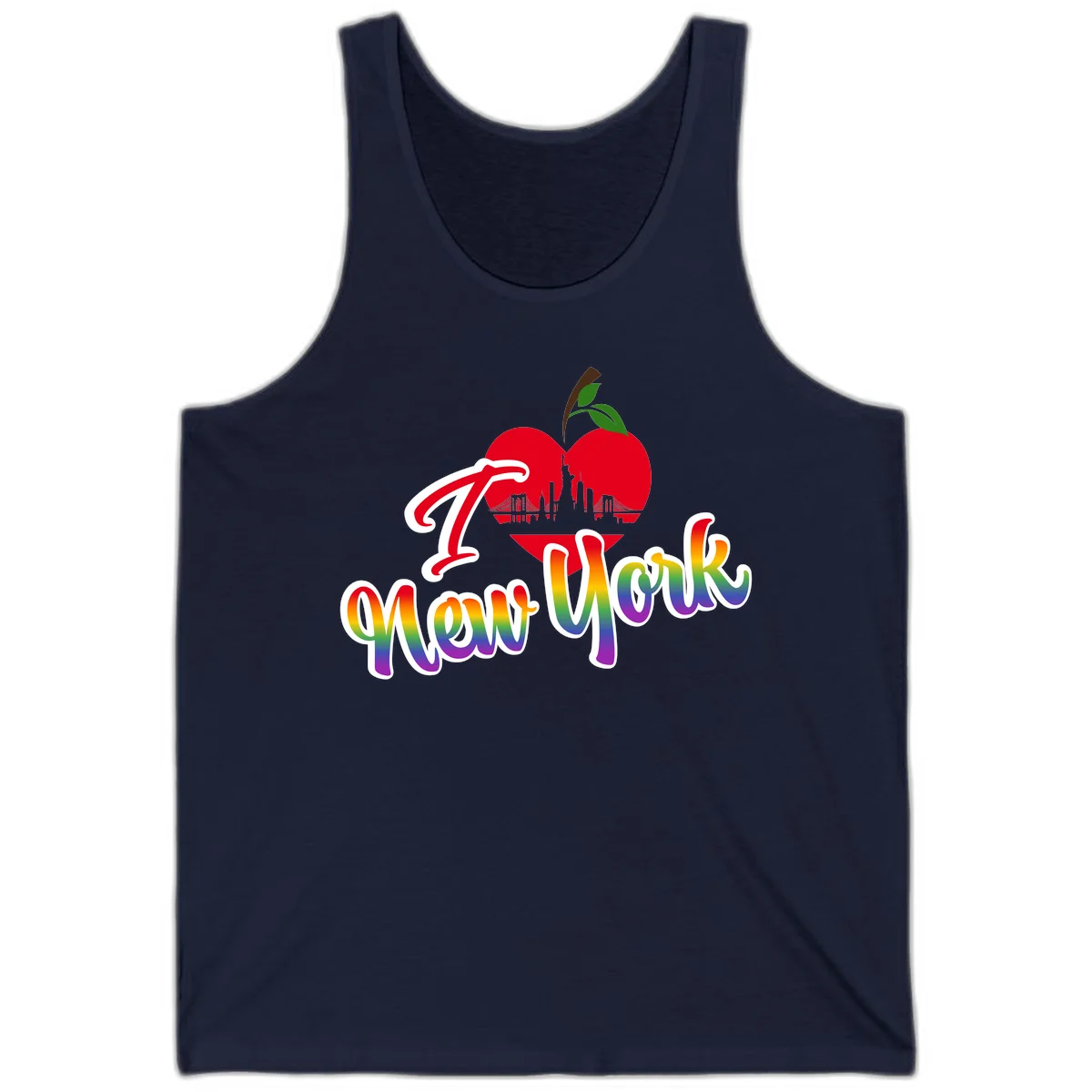 I Love New York Pride design featuring red apple with NYC skyline and rainbow gradient text celebrating LGBTQ+ pride in Navy