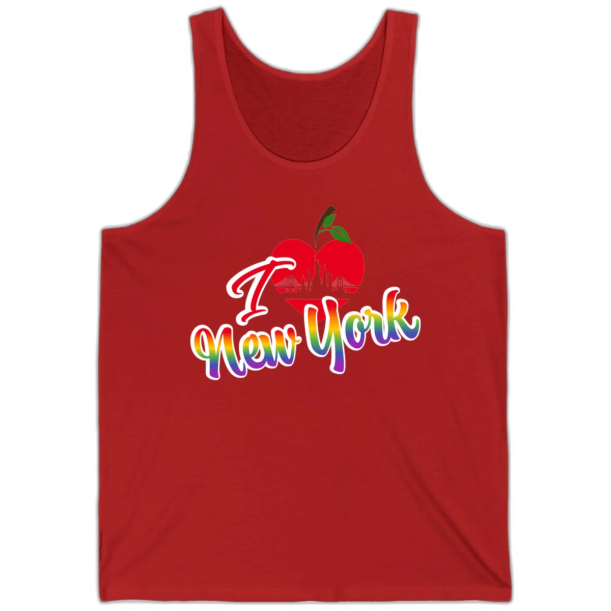 I Love New York Pride design featuring red apple with NYC skyline and rainbow gradient text celebrating LGBTQ+ pride in Red