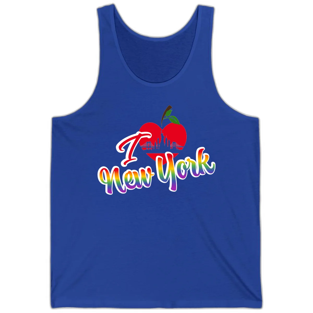 I Love New York Pride design featuring red apple with NYC skyline and rainbow gradient text celebrating LGBTQ+ pride in True Royal