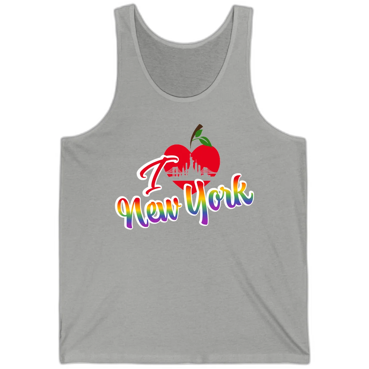 I Love New York Pride design featuring red apple with NYC skyline and rainbow gradient text celebrating LGBTQ+ pride in Athletic Heather