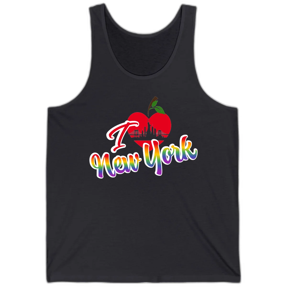 I Love New York Pride design featuring red apple with NYC skyline and rainbow gradient text celebrating LGBTQ+ pride in Dark Grey