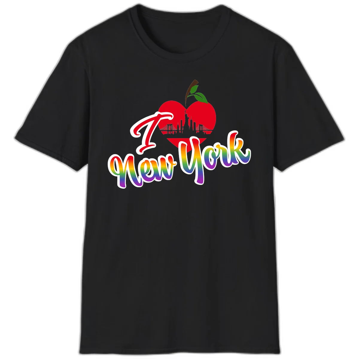 I Love New York Pride design featuring red apple with NYC skyline and rainbow gradient text celebrating LGBTQ+ pride in Black