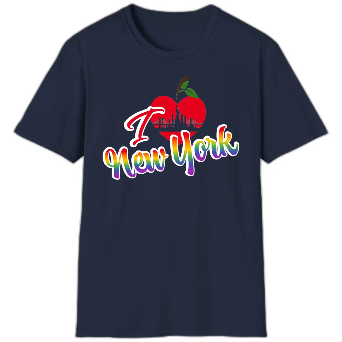 I Love New York Pride design featuring red apple with NYC skyline and rainbow gradient text celebrating LGBTQ+ pride in Navy