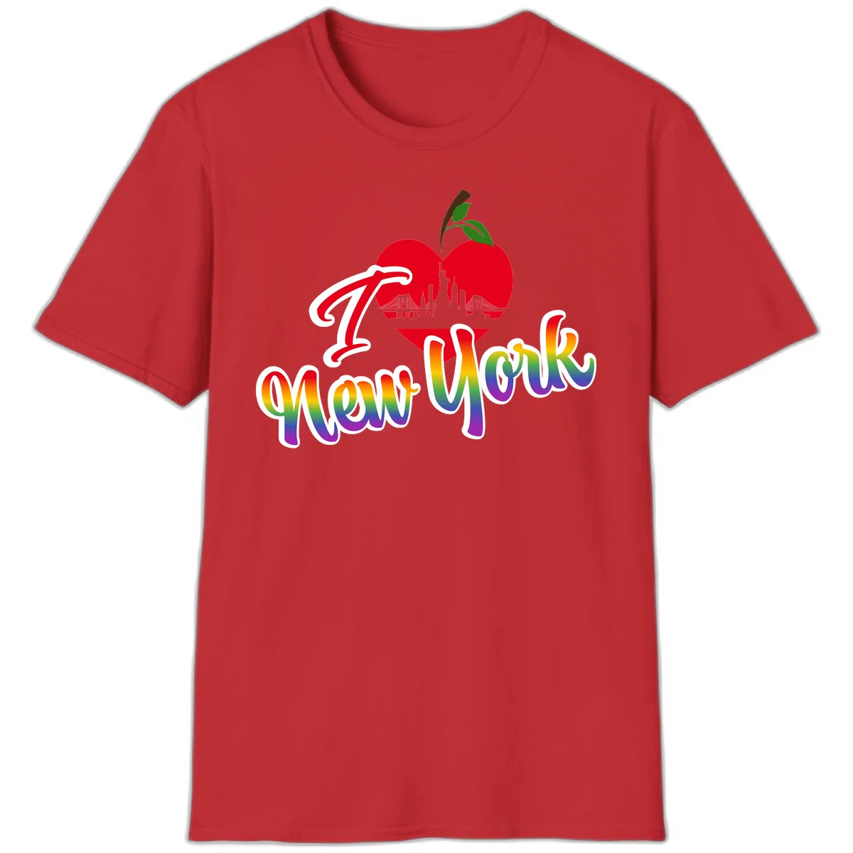 I Love New York Pride design featuring red apple with NYC skyline and rainbow gradient text celebrating LGBTQ+ pride in Red