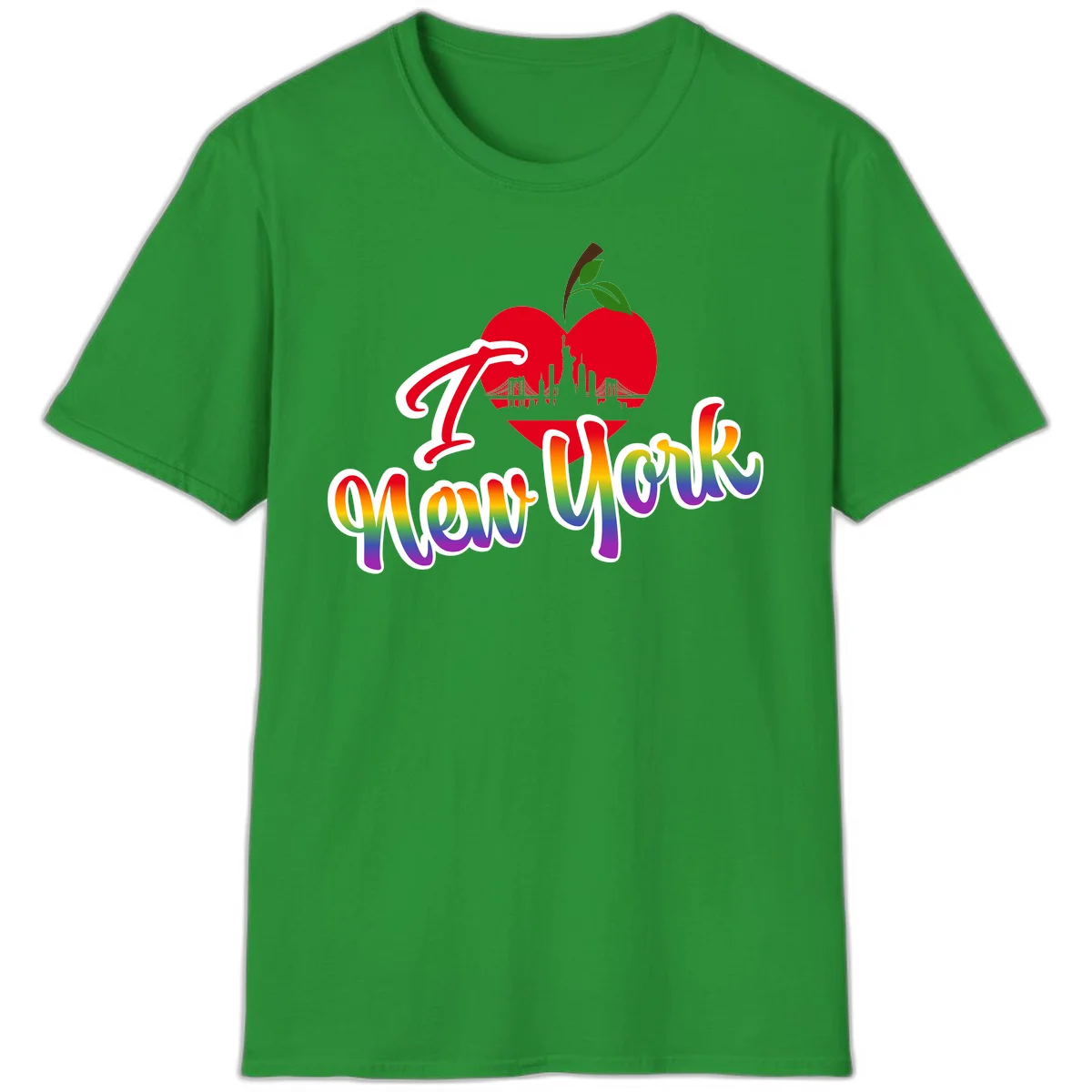 I Love New York Pride design featuring red apple with NYC skyline and rainbow gradient text celebrating LGBTQ+ pride in Irish Green