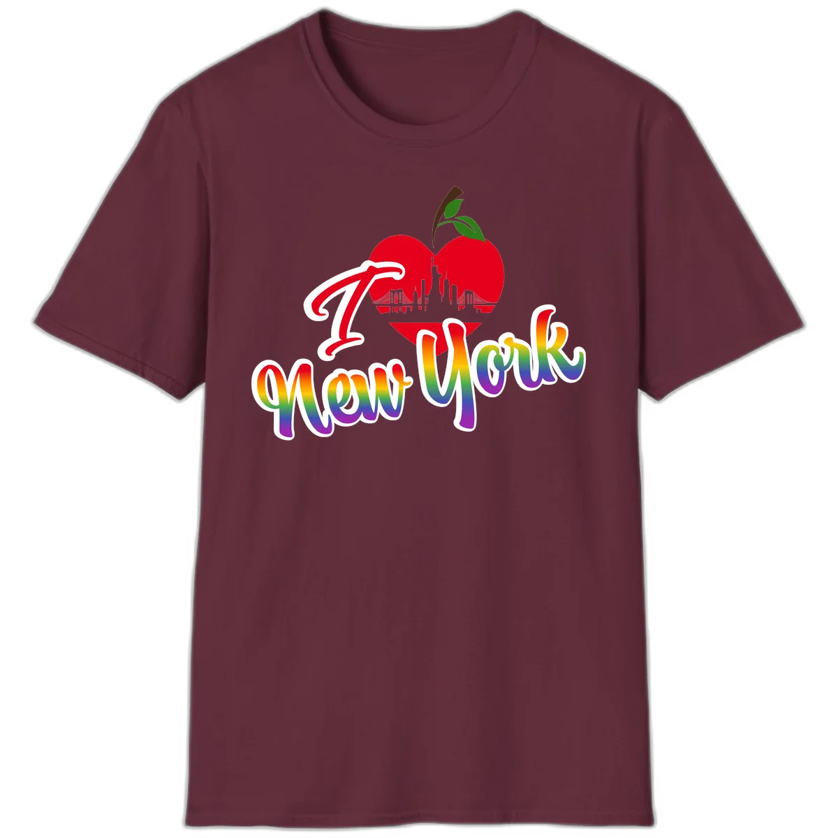 I Love New York Pride design featuring red apple with NYC skyline and rainbow gradient text celebrating LGBTQ+ pride in Maroon