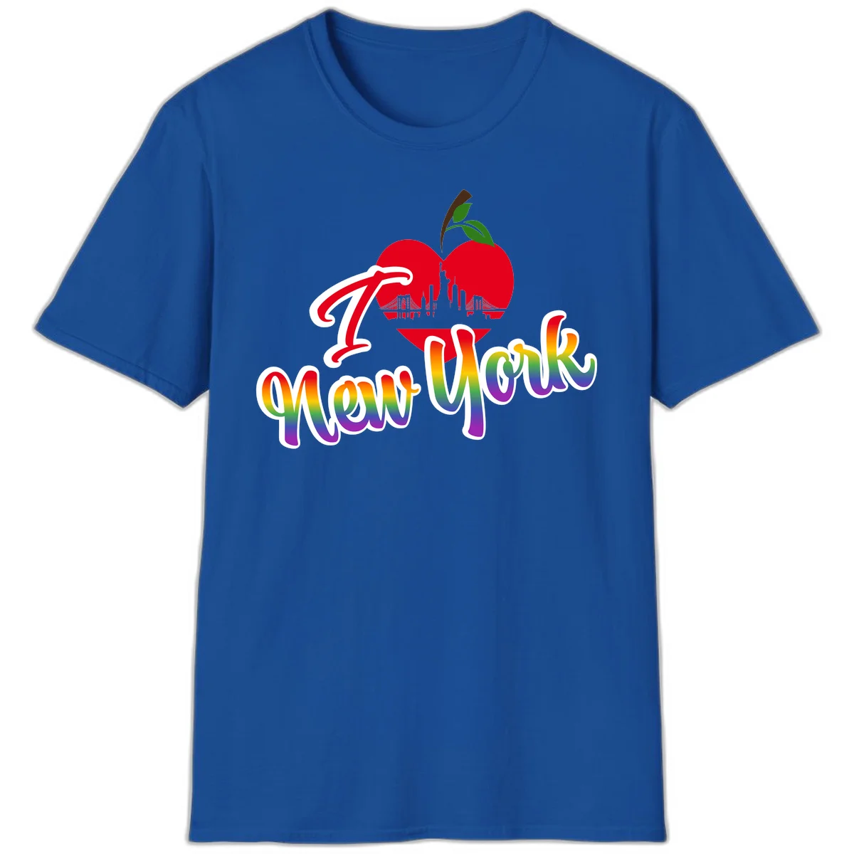 I Love New York Pride design featuring red apple with NYC skyline and rainbow gradient text celebrating LGBTQ+ pride in Royal