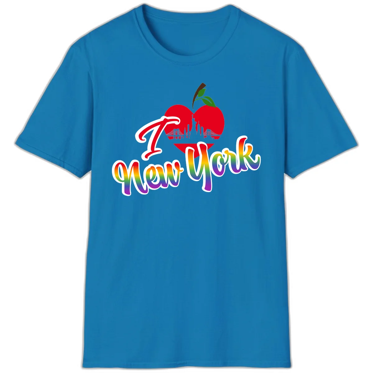 I Love New York Pride design featuring red apple with NYC skyline and rainbow gradient text celebrating LGBTQ+ pride in Sapphire