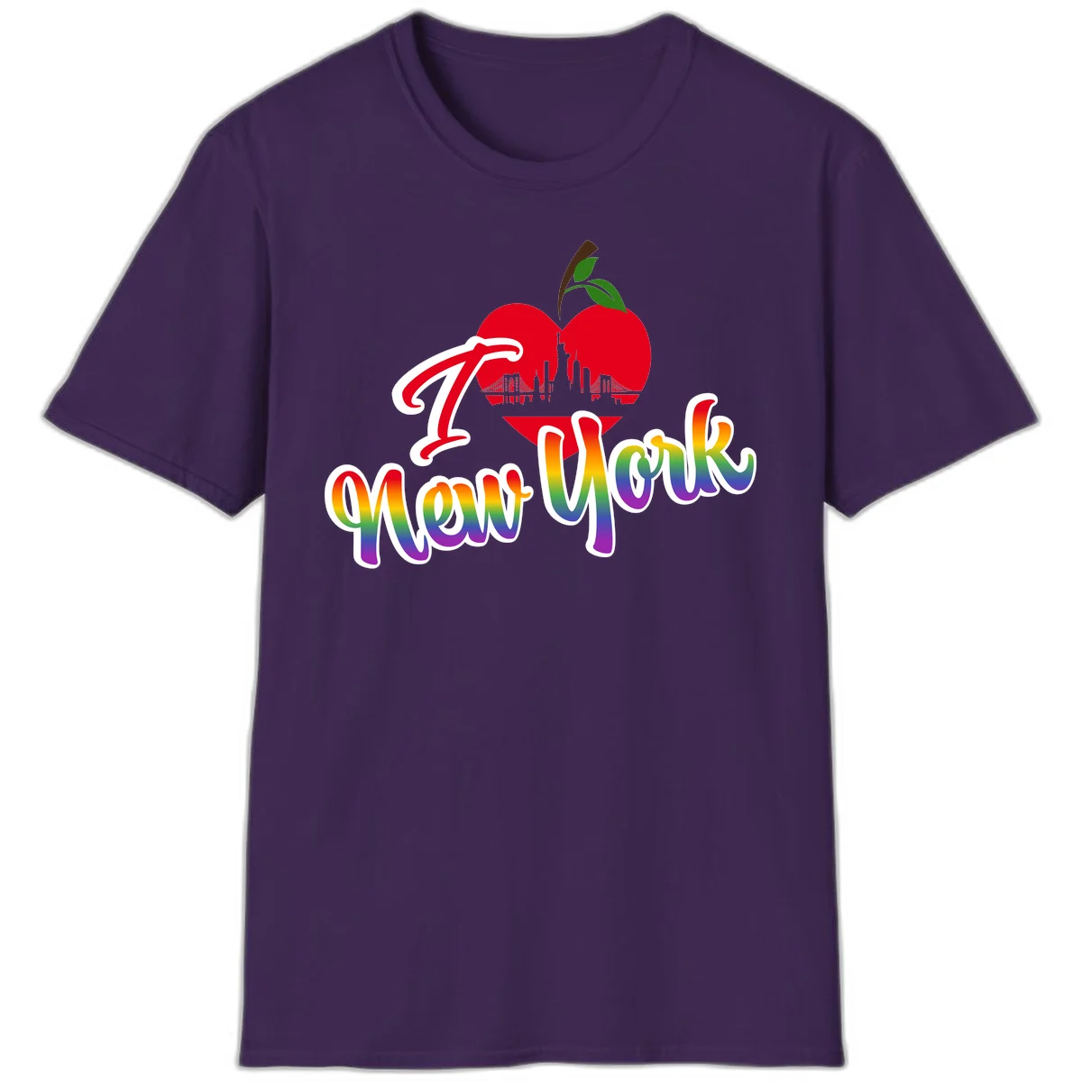 I Love New York Pride design featuring red apple with NYC skyline and rainbow gradient text celebrating LGBTQ+ pride in Purple