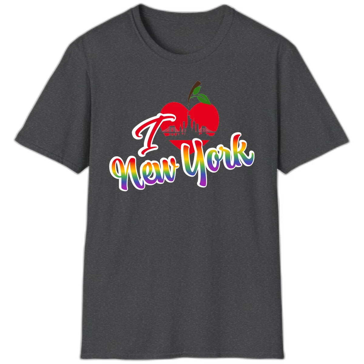 I Love New York Pride design featuring red apple with NYC skyline and rainbow gradient text celebrating LGBTQ+ pride in Dark Heather