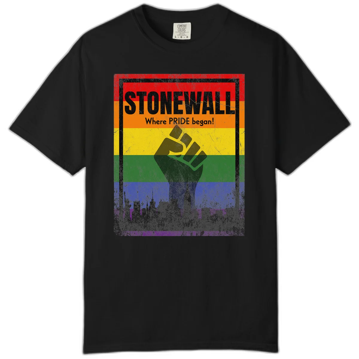Stonewall pride history design: raised fist against rainbow flag with NYC skyline and 'Where Pride began' text in Black