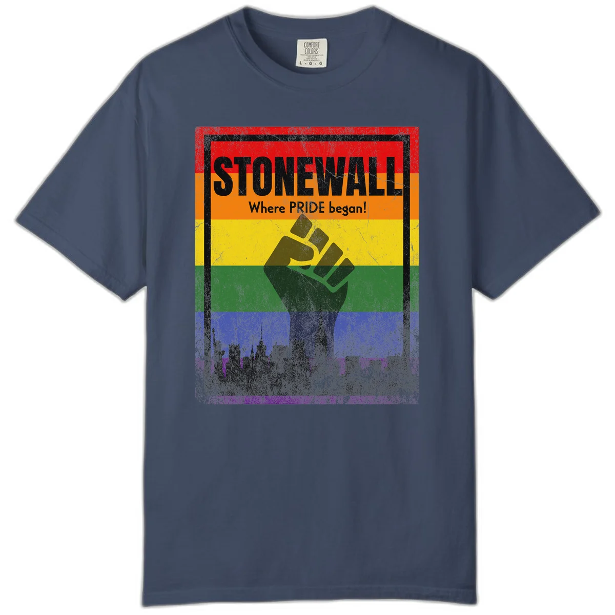 Stonewall pride history design: raised fist against rainbow flag with NYC skyline and 'Where Pride began' text in Midnight