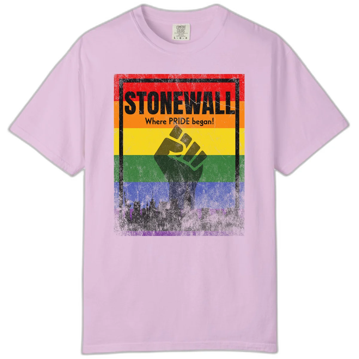 Stonewall pride history design: raised fist against rainbow flag with NYC skyline and 'Where Pride began' text in Orchid