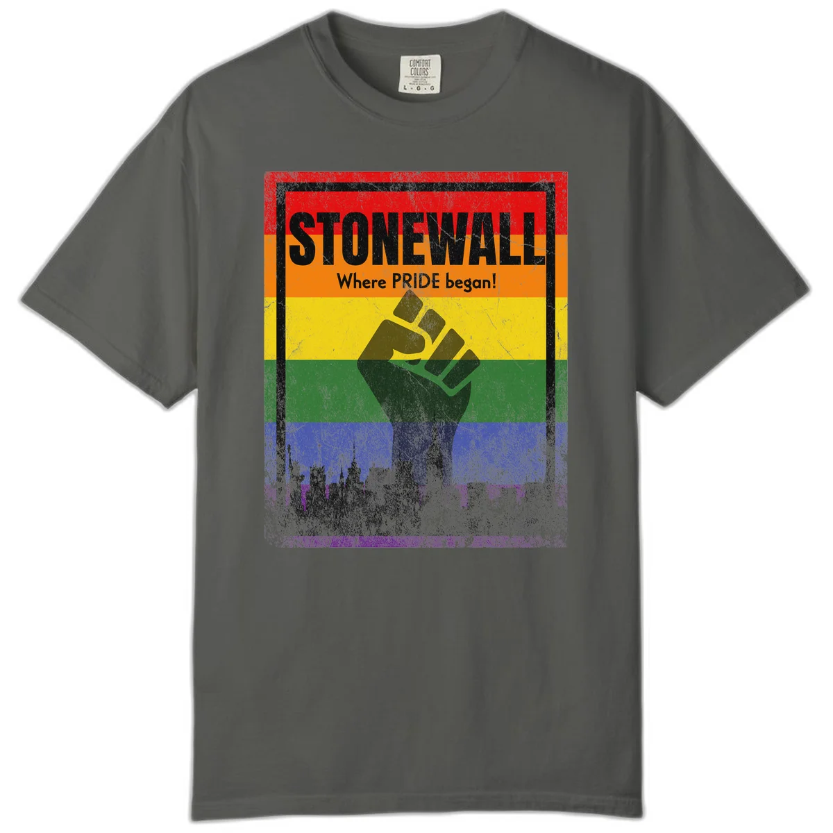 Stonewall pride history design: raised fist against rainbow flag with NYC skyline and 'Where Pride began' text in Pepper