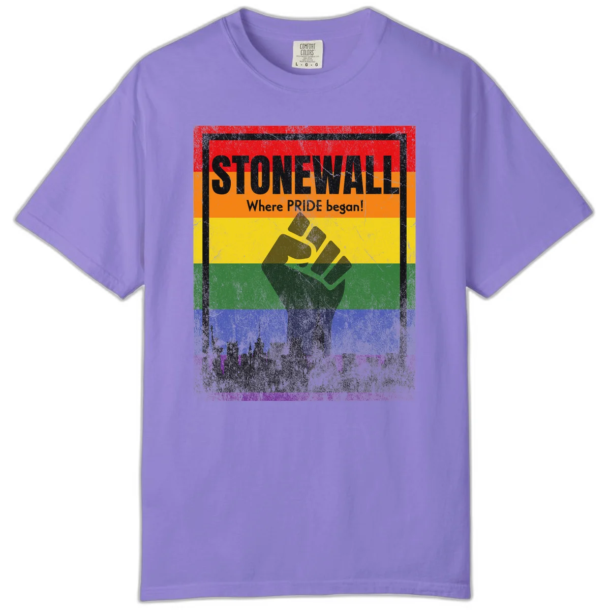 Stonewall pride history design: raised fist against rainbow flag with NYC skyline and 'Where Pride began' text in Violet