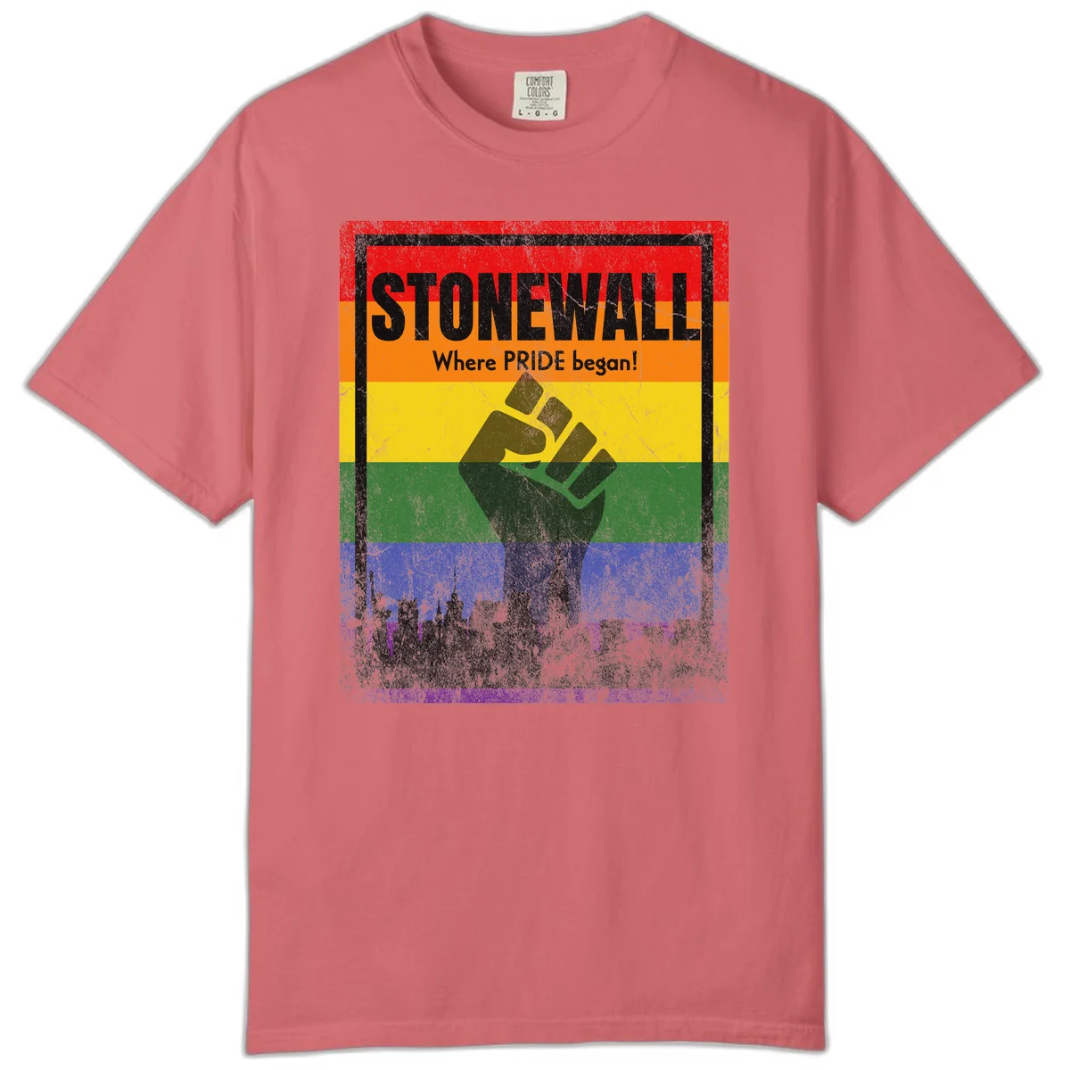 Stonewall pride history design: raised fist against rainbow flag with NYC skyline and 'Where Pride began' text in Watermelon