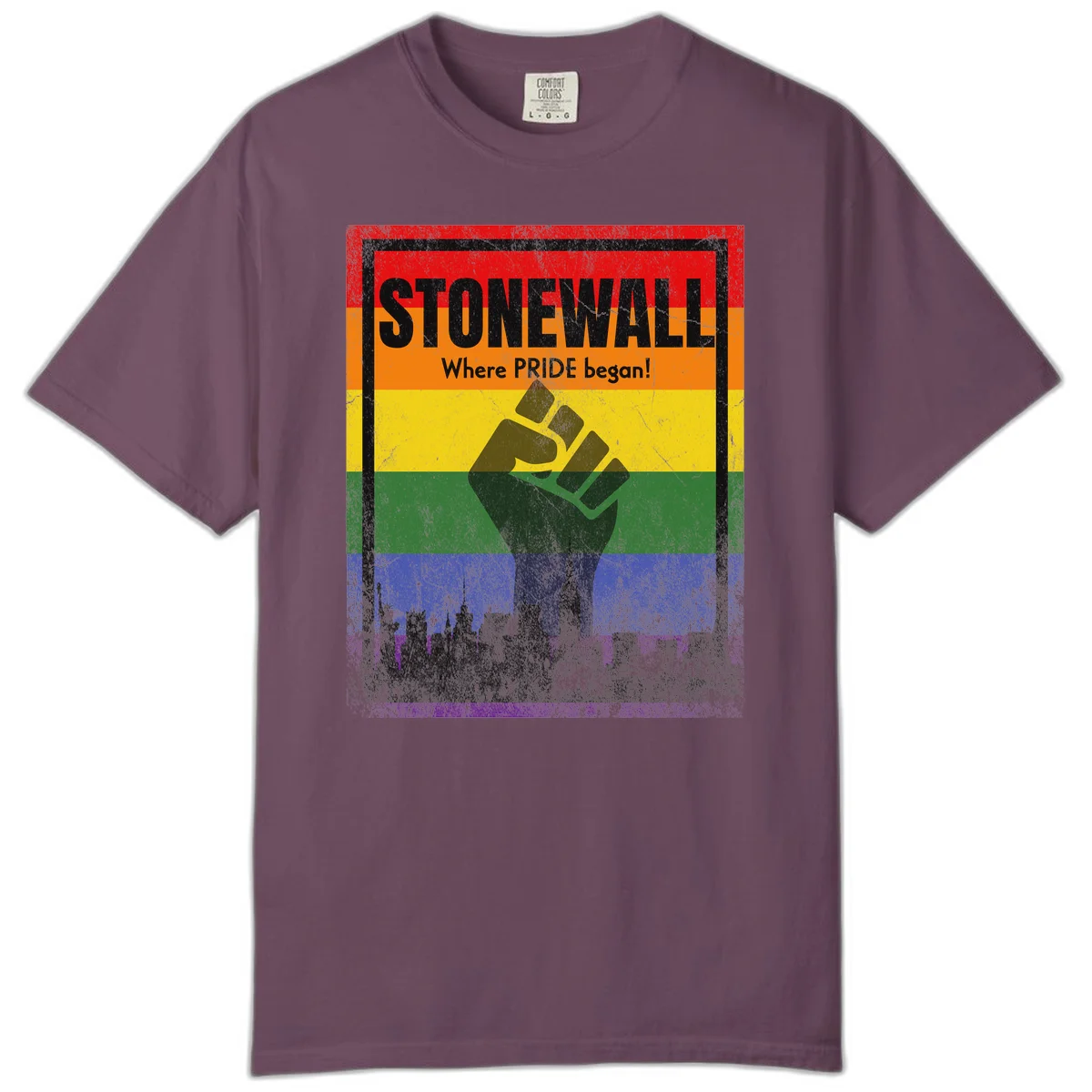 Stonewall pride history design: raised fist against rainbow flag with NYC skyline and 'Where Pride began' text in Berry