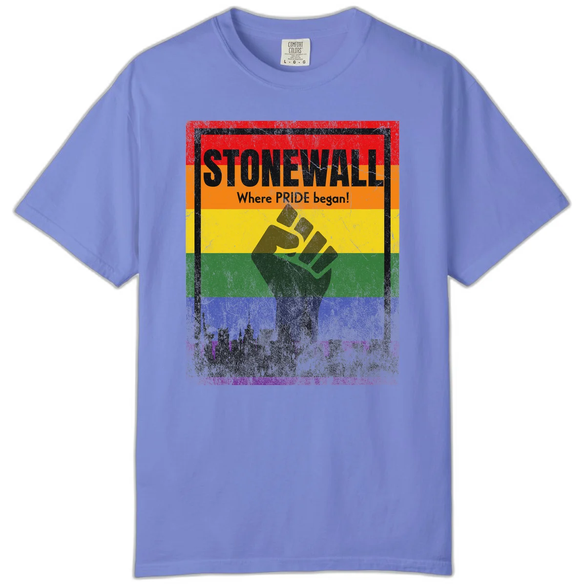 Stonewall pride history design: raised fist against rainbow flag with NYC skyline and 'Where Pride began' text in Flo Blue