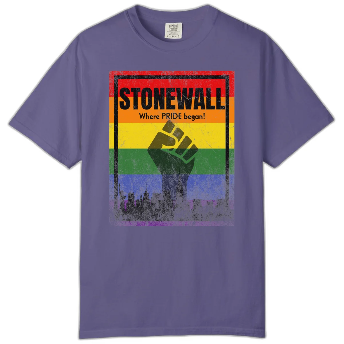 Stonewall pride history design: raised fist against rainbow flag with NYC skyline and 'Where Pride began' text in Grape
