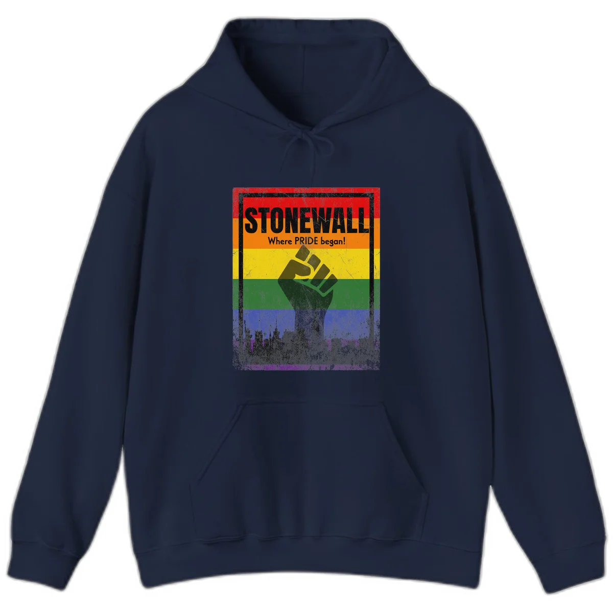 Stonewall pride history design: raised fist against rainbow flag with NYC skyline and 'Where Pride began' text in Navy