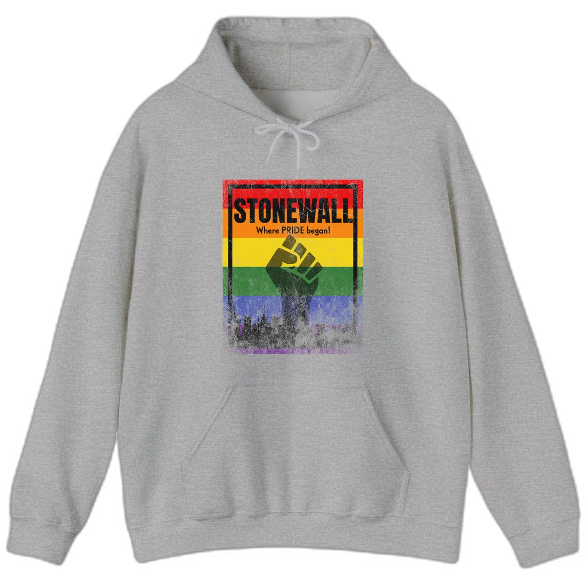 Stonewall pride history design: raised fist against rainbow flag with NYC skyline and 'Where Pride began' text in Sport Grey