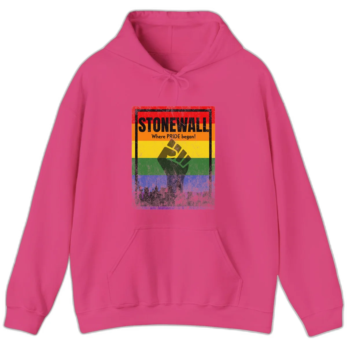 Stonewall pride history design: raised fist against rainbow flag with NYC skyline and 'Where Pride began' text in Heliconia