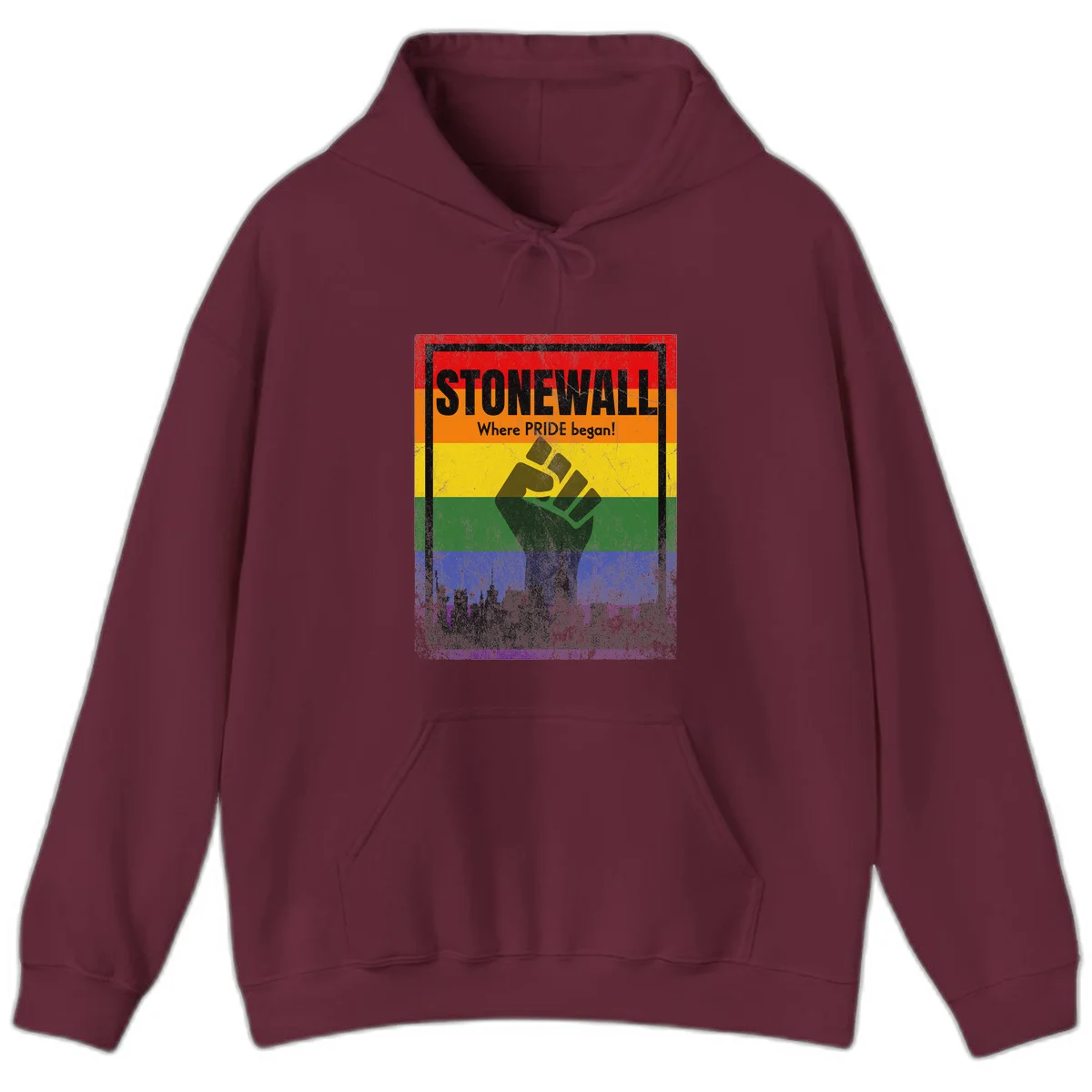 Stonewall pride history design: raised fist against rainbow flag with NYC skyline and 'Where Pride began' text in Maroon