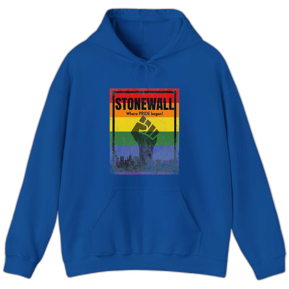 Stonewall pride history design: raised fist against rainbow flag with NYC skyline and 'Where Pride began' text in Royal