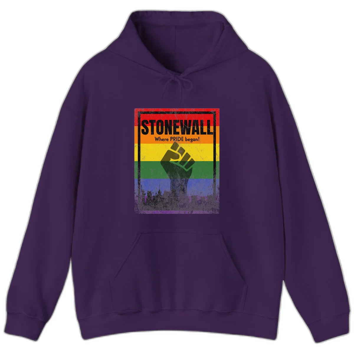 Stonewall pride history design: raised fist against rainbow flag with NYC skyline and 'Where Pride began' text in Purple