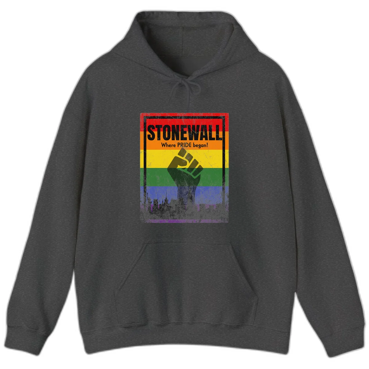 Stonewall pride history design: raised fist against rainbow flag with NYC skyline and 'Where Pride began' text in Dark Heather