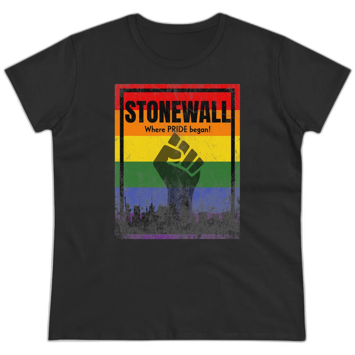 Stonewall pride history design: raised fist against rainbow flag with NYC skyline and 'Where Pride began' text in Black