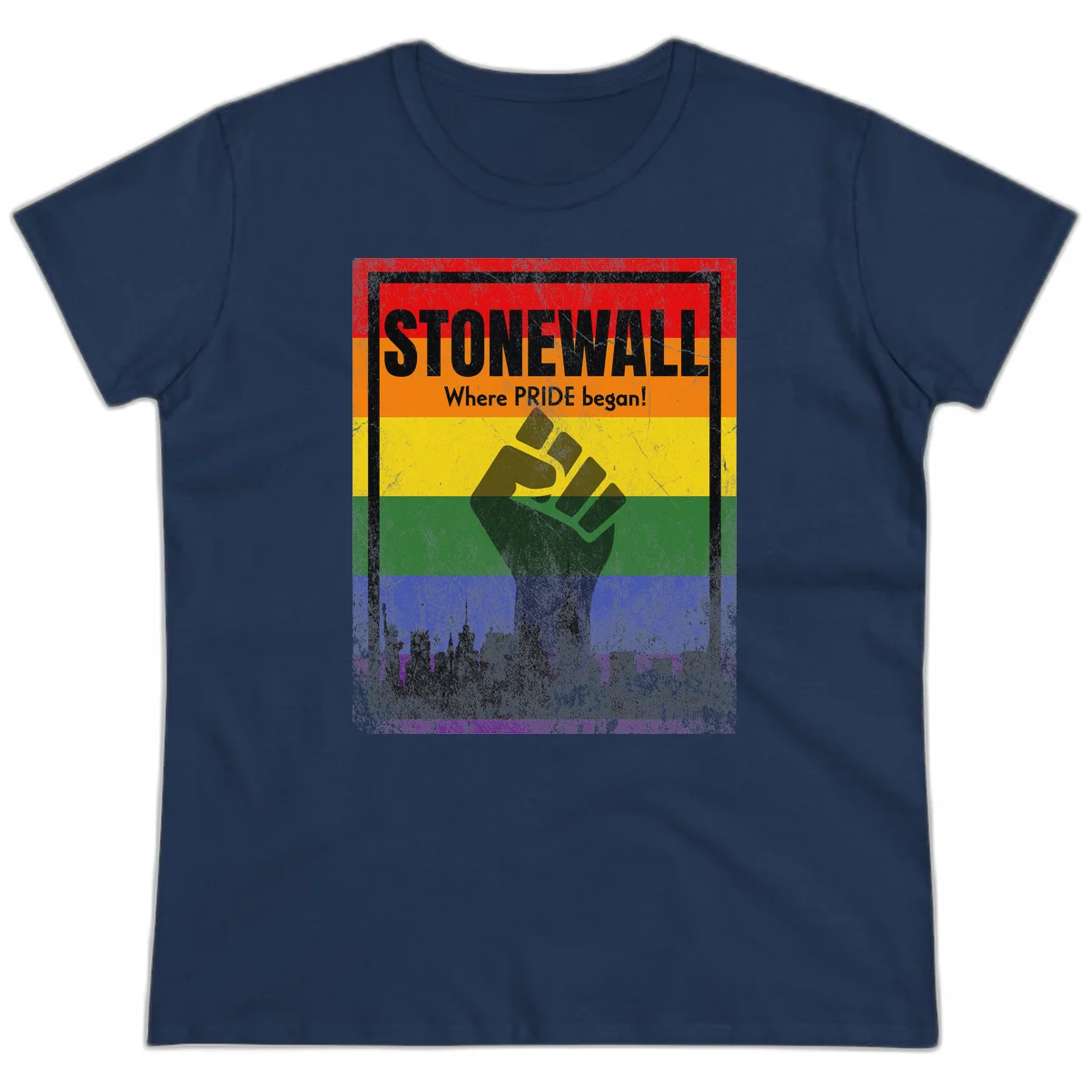 Stonewall pride history design: raised fist against rainbow flag with NYC skyline and 'Where Pride began' text in Navy