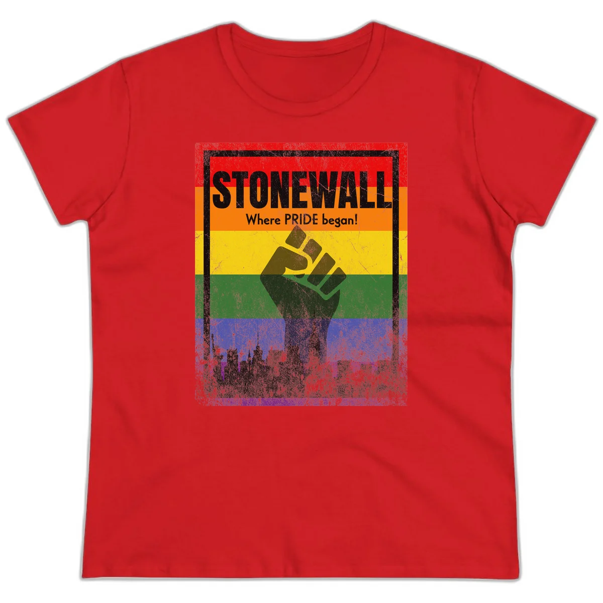 Stonewall pride history design: raised fist against rainbow flag with NYC skyline and 'Where Pride began' text in Red