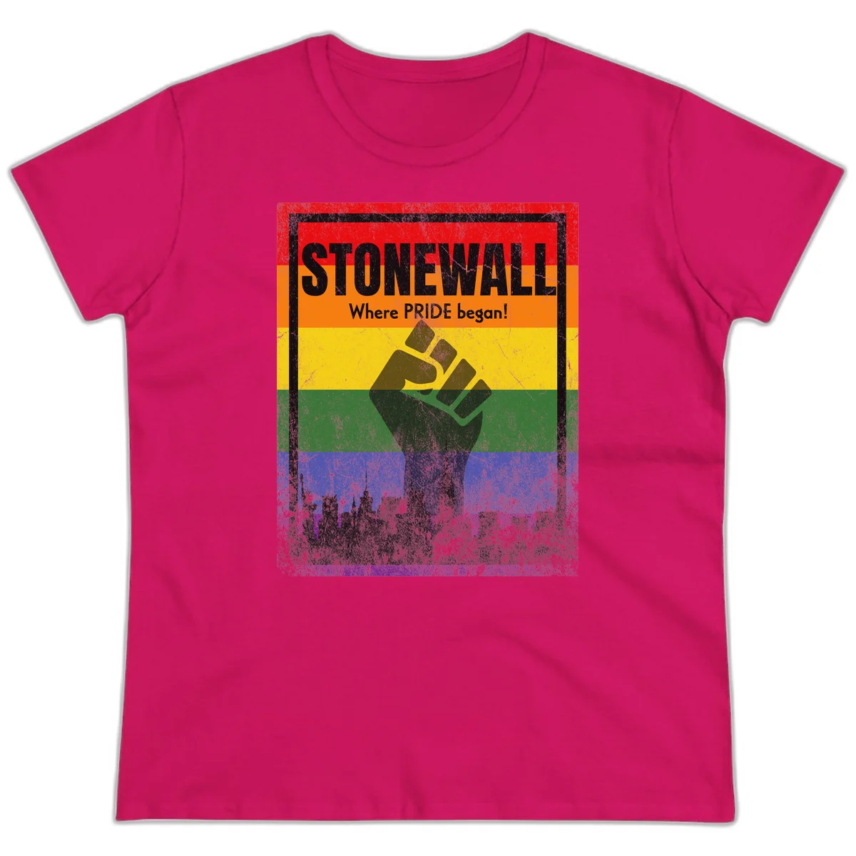 Stonewall pride history design: raised fist against rainbow flag with NYC skyline and 'Where Pride began' text in Heliconia