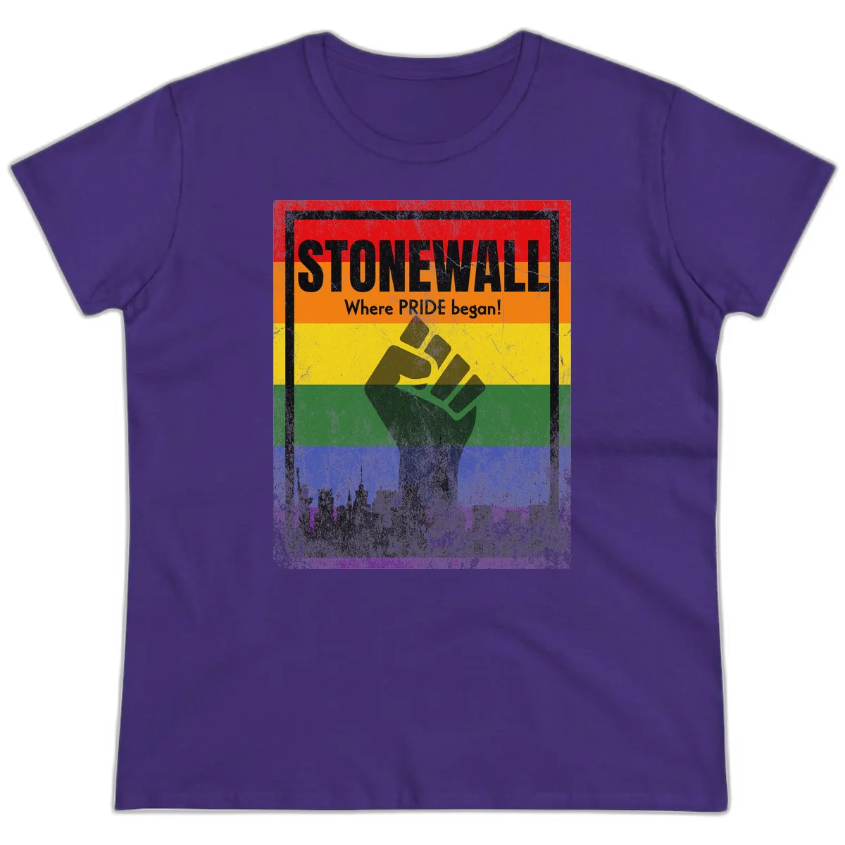 Stonewall pride history design: raised fist against rainbow flag with NYC skyline and 'Where Pride began' text in Purple