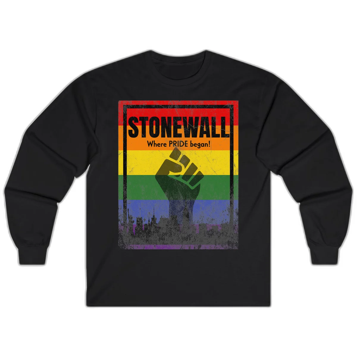 Stonewall pride history design: raised fist against rainbow flag with NYC skyline and 'Where Pride began' text in Black
