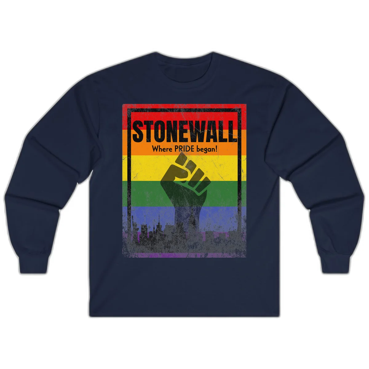 Stonewall pride history design: raised fist against rainbow flag with NYC skyline and 'Where Pride began' text in Navy