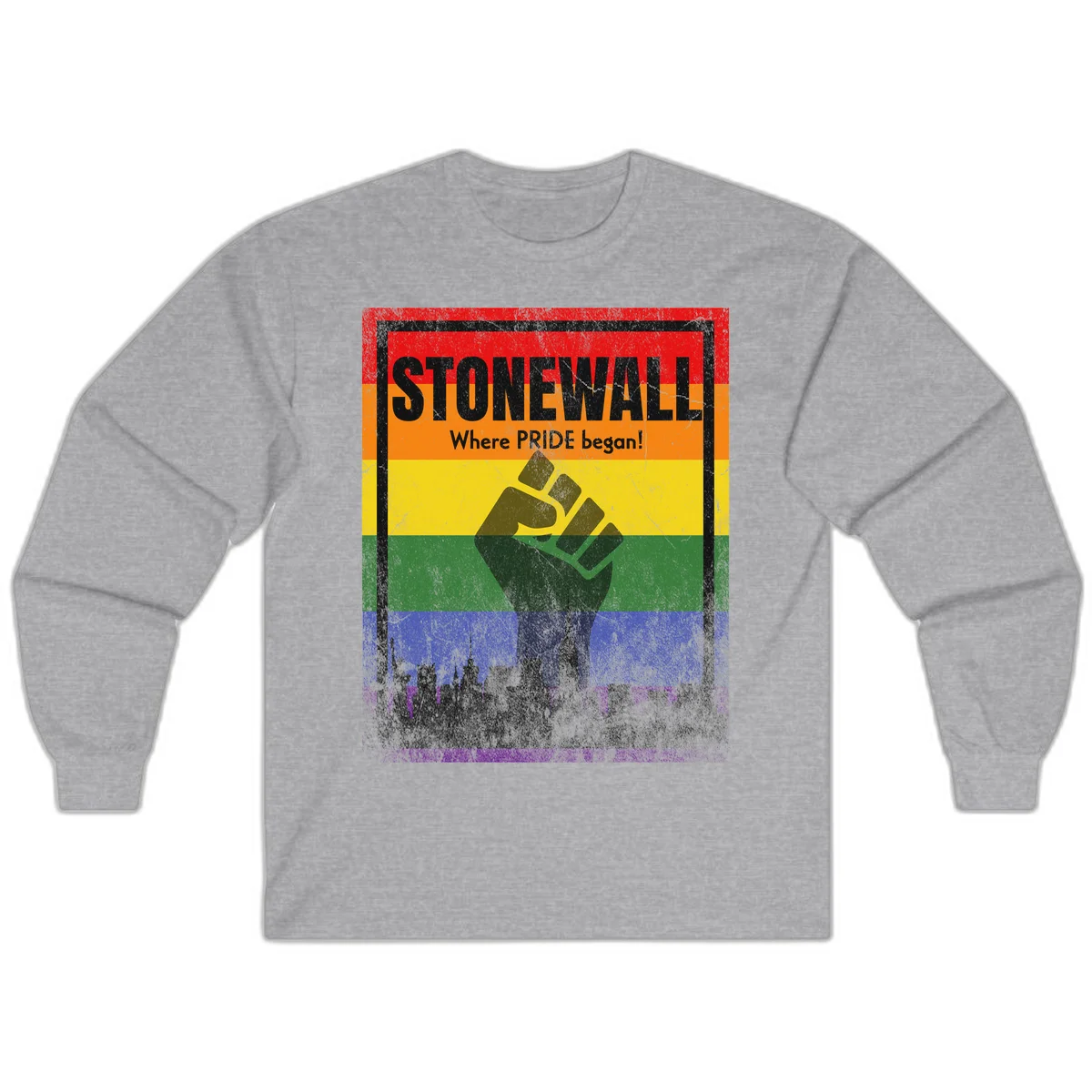 Stonewall pride history design: raised fist against rainbow flag with NYC skyline and 'Where Pride began' text in Sport Grey