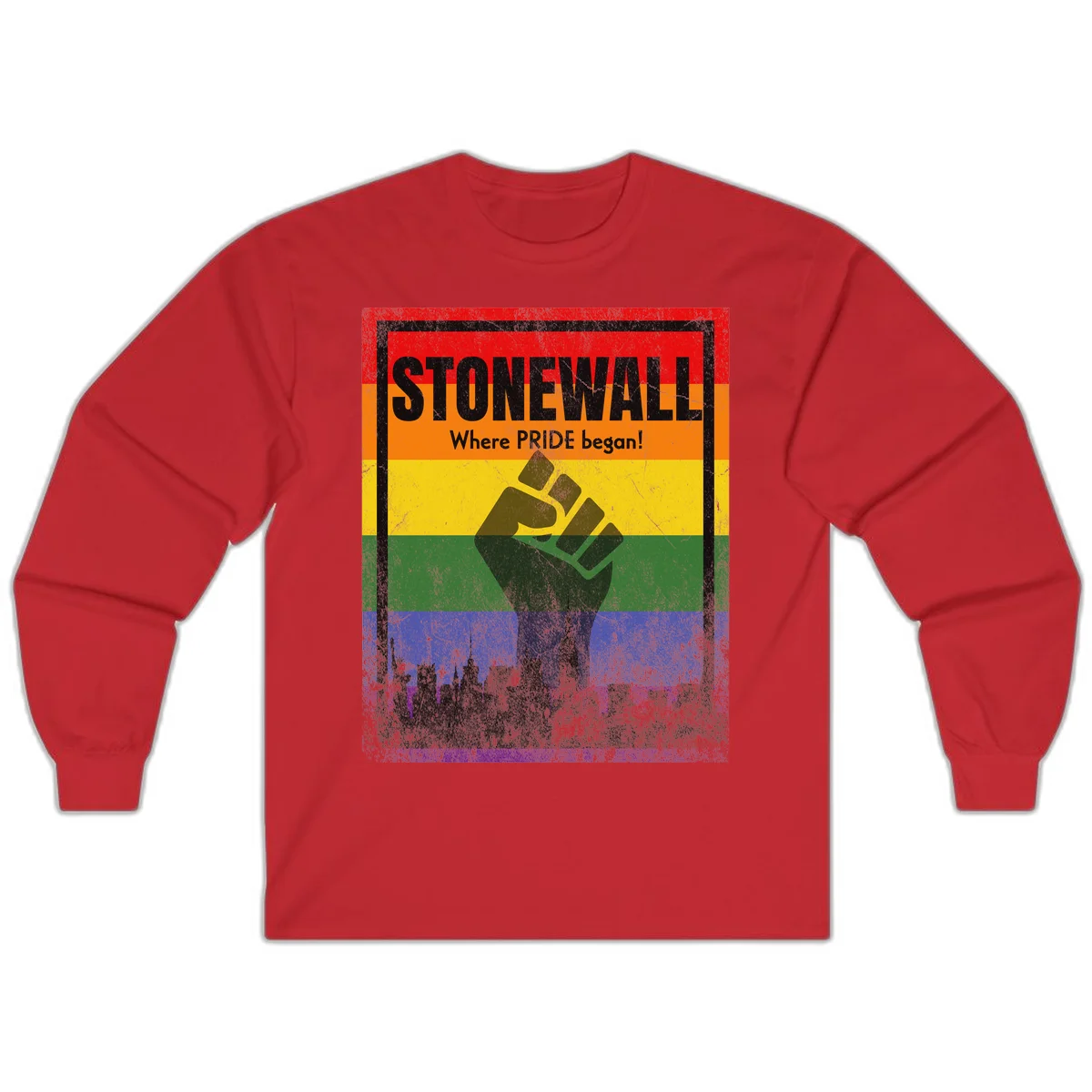 Stonewall pride history design: raised fist against rainbow flag with NYC skyline and 'Where Pride began' text in Red