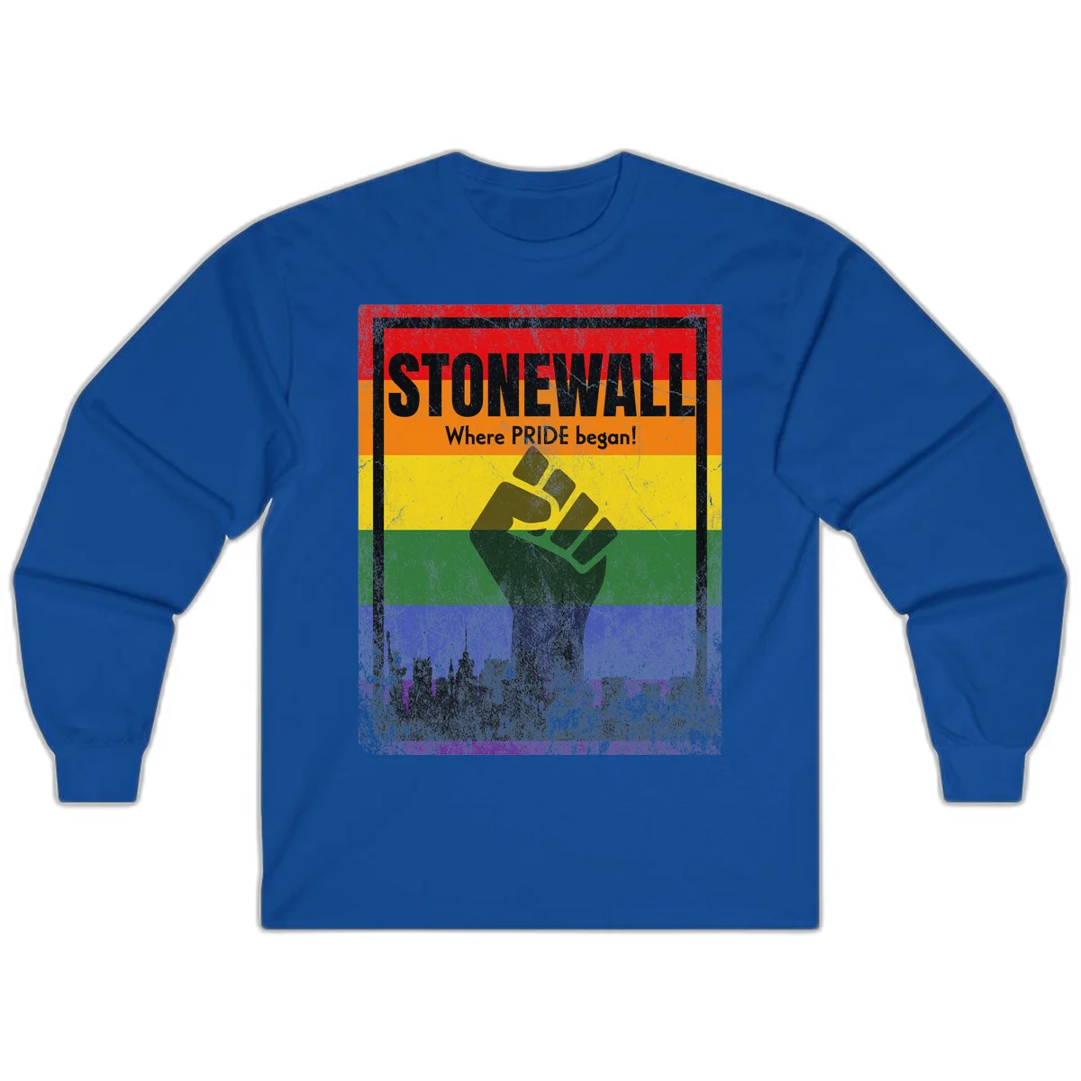 Stonewall pride history design: raised fist against rainbow flag with NYC skyline and 'Where Pride began' text in Royal