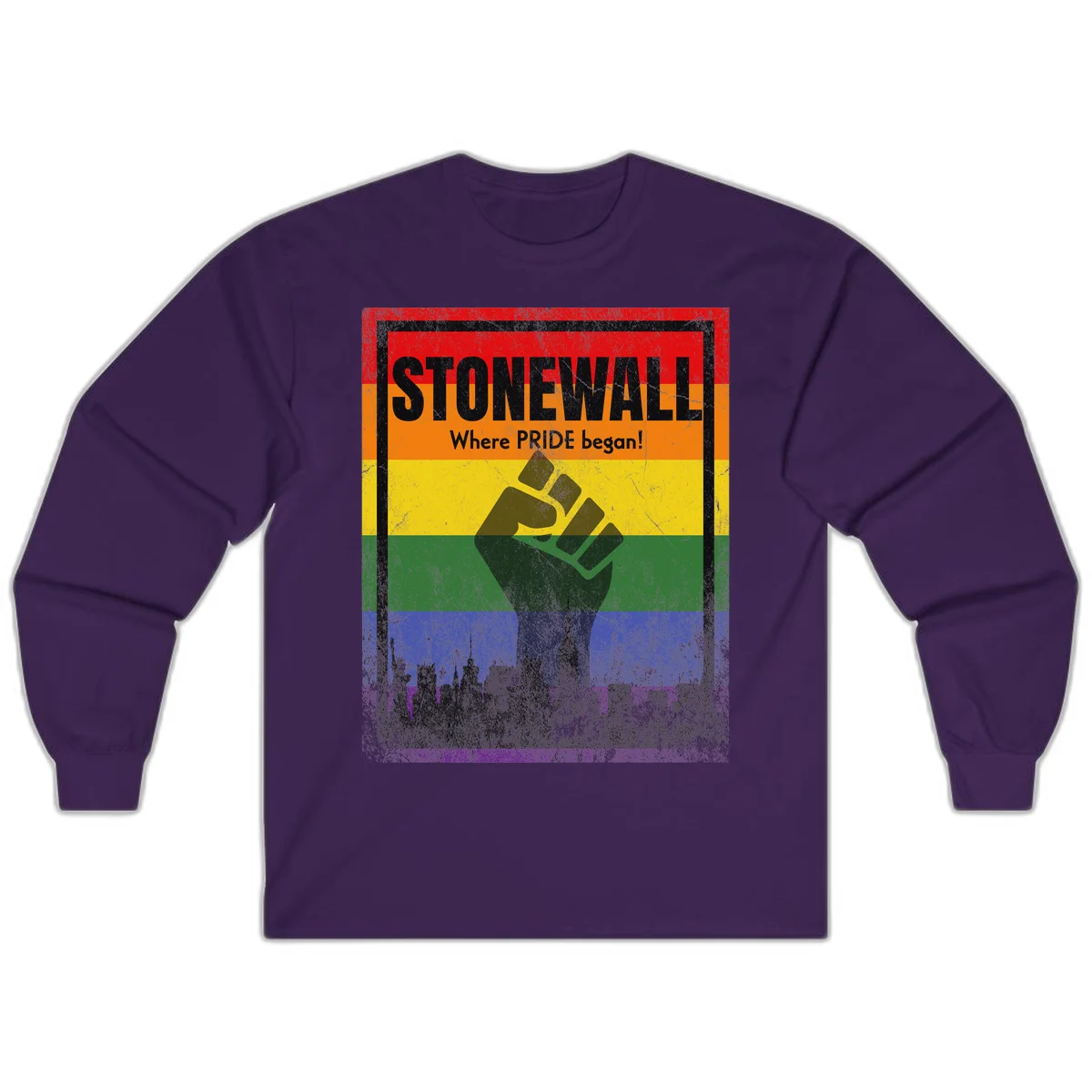 Stonewall pride history design: raised fist against rainbow flag with NYC skyline and 'Where Pride began' text in Purple