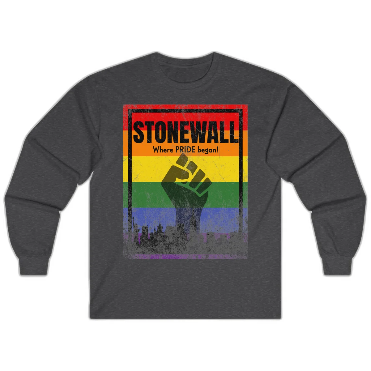 Stonewall pride history design: raised fist against rainbow flag with NYC skyline and 'Where Pride began' text in Dark Heather