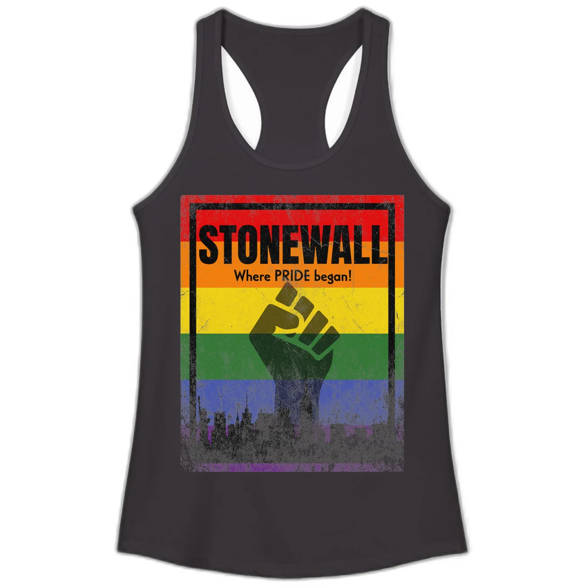 Stonewall pride history design: raised fist against rainbow flag with NYC skyline and 'Where Pride began' text in Black