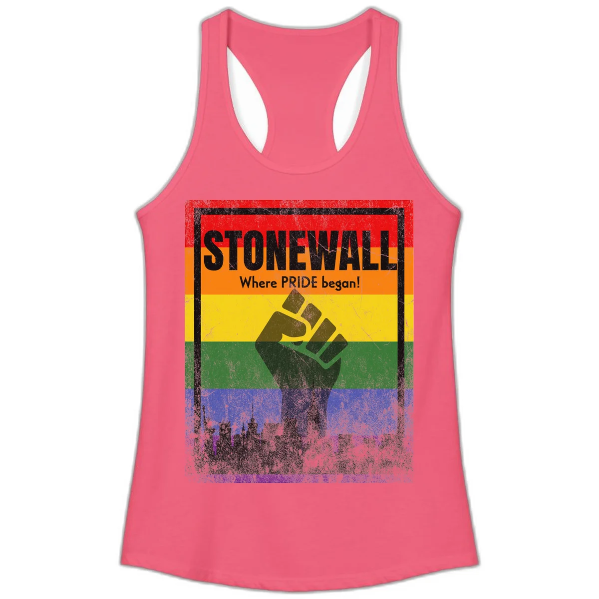 Stonewall pride history design: raised fist against rainbow flag with NYC skyline and 'Where Pride began' text in Hot Pink