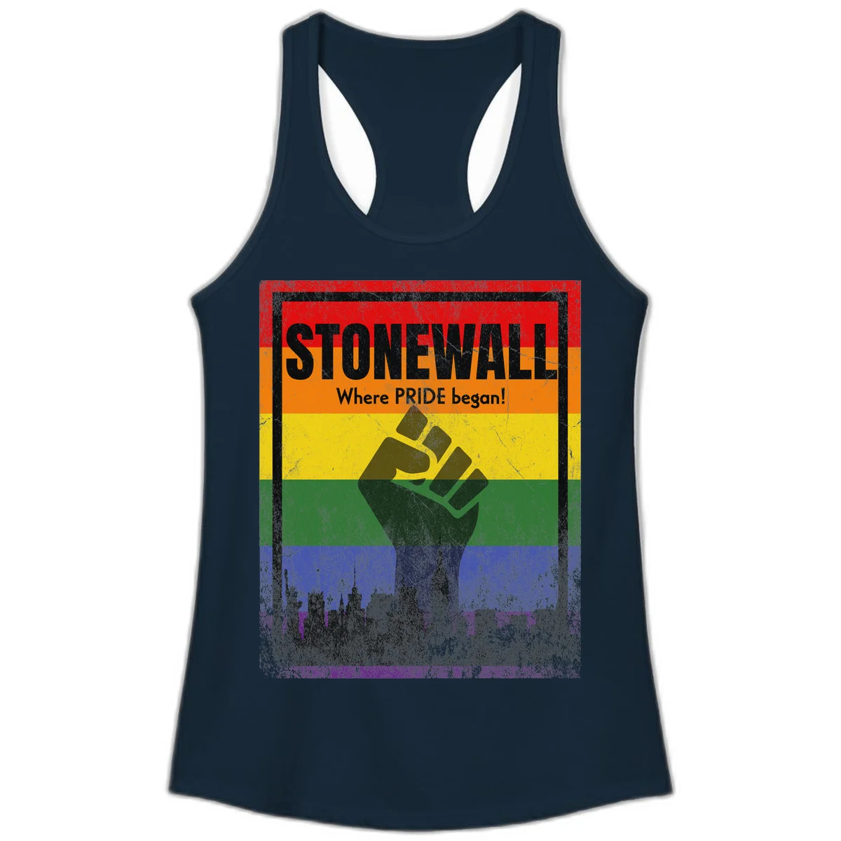 Stonewall pride history design: raised fist against rainbow flag with NYC skyline and 'Where Pride began' text in Solid Midnight Navy