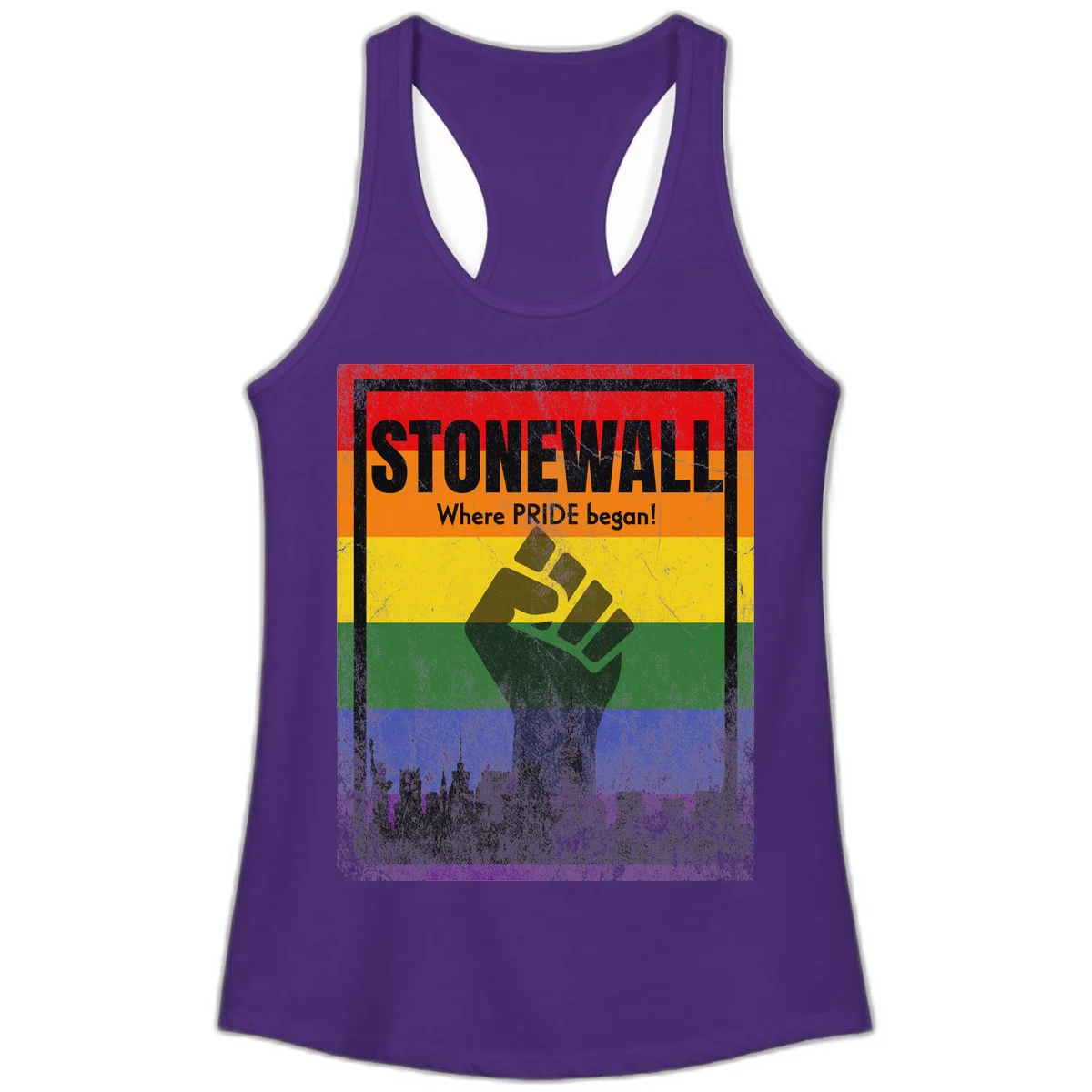 Stonewall pride history design: raised fist against rainbow flag with NYC skyline and 'Where Pride began' text in Solid Purple Rush