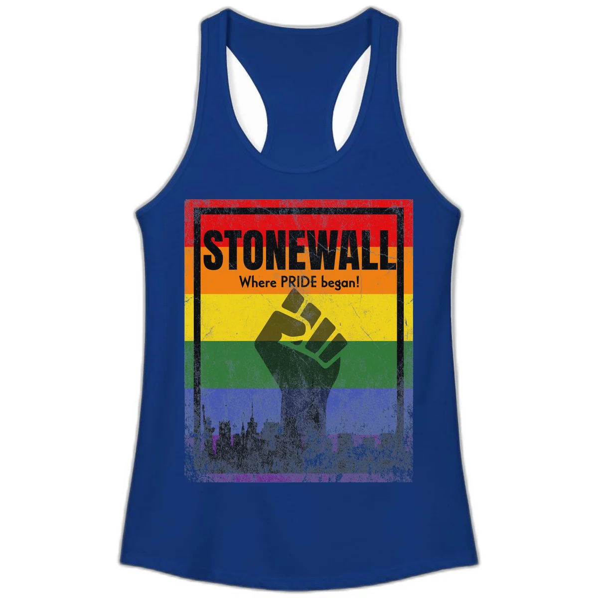 Stonewall pride history design: raised fist against rainbow flag with NYC skyline and 'Where Pride began' text in Solid Royal